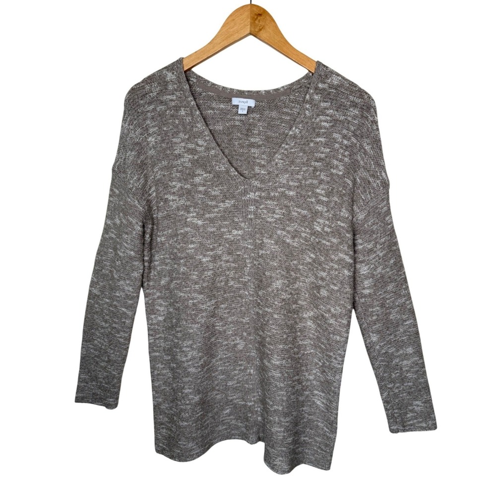 Pure J Jill Cotton Blend Lagenlook Minimalist Taupe Space Knit V-Neck Sweater S